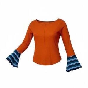 Pilcro Anthropologie L Orange Knit Top w/ Crochet Bell Sleeves